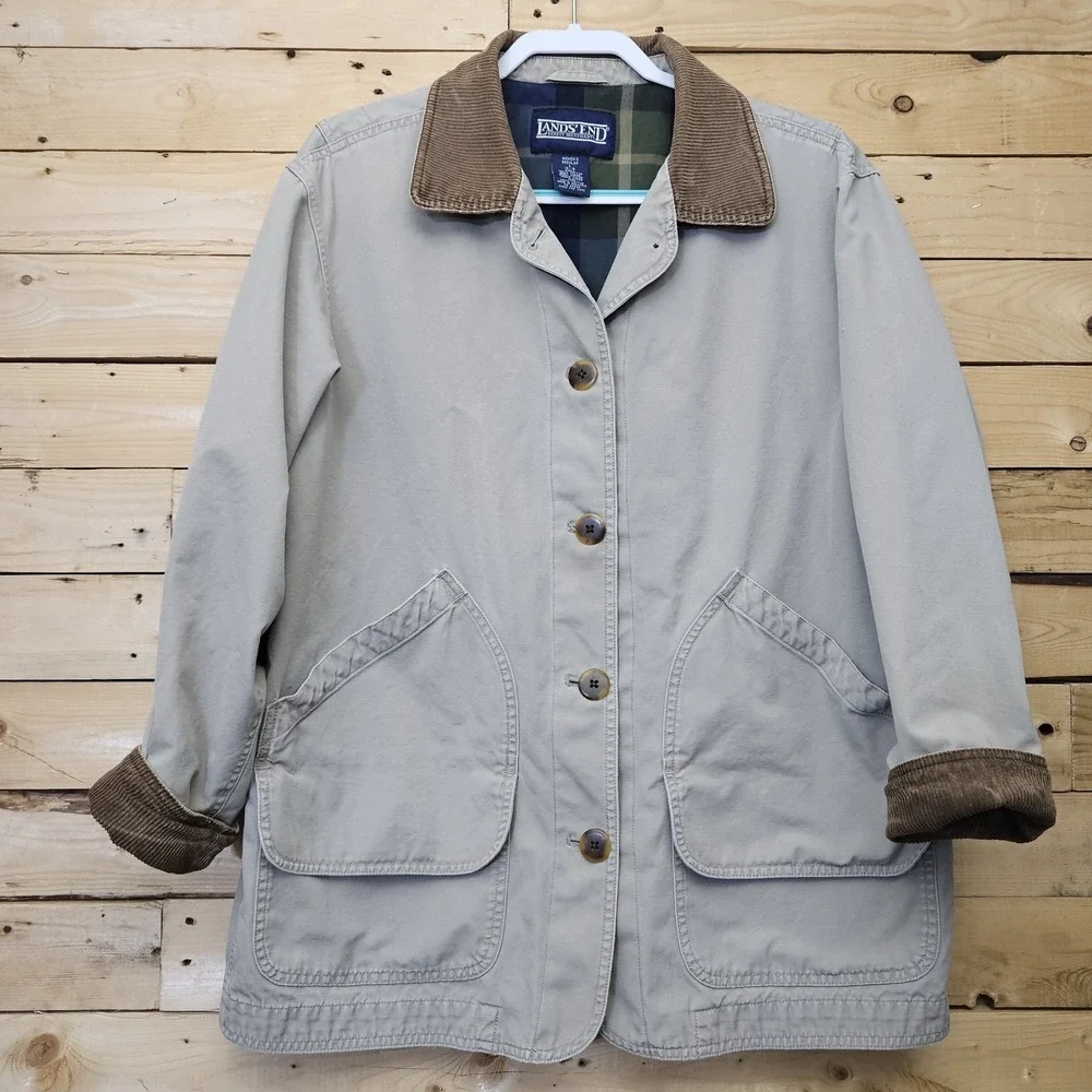 Lands' End Chore Coat Women Large Canvas Barn Field Flannel Lined Corduroy Tan - Picture 3 of 14